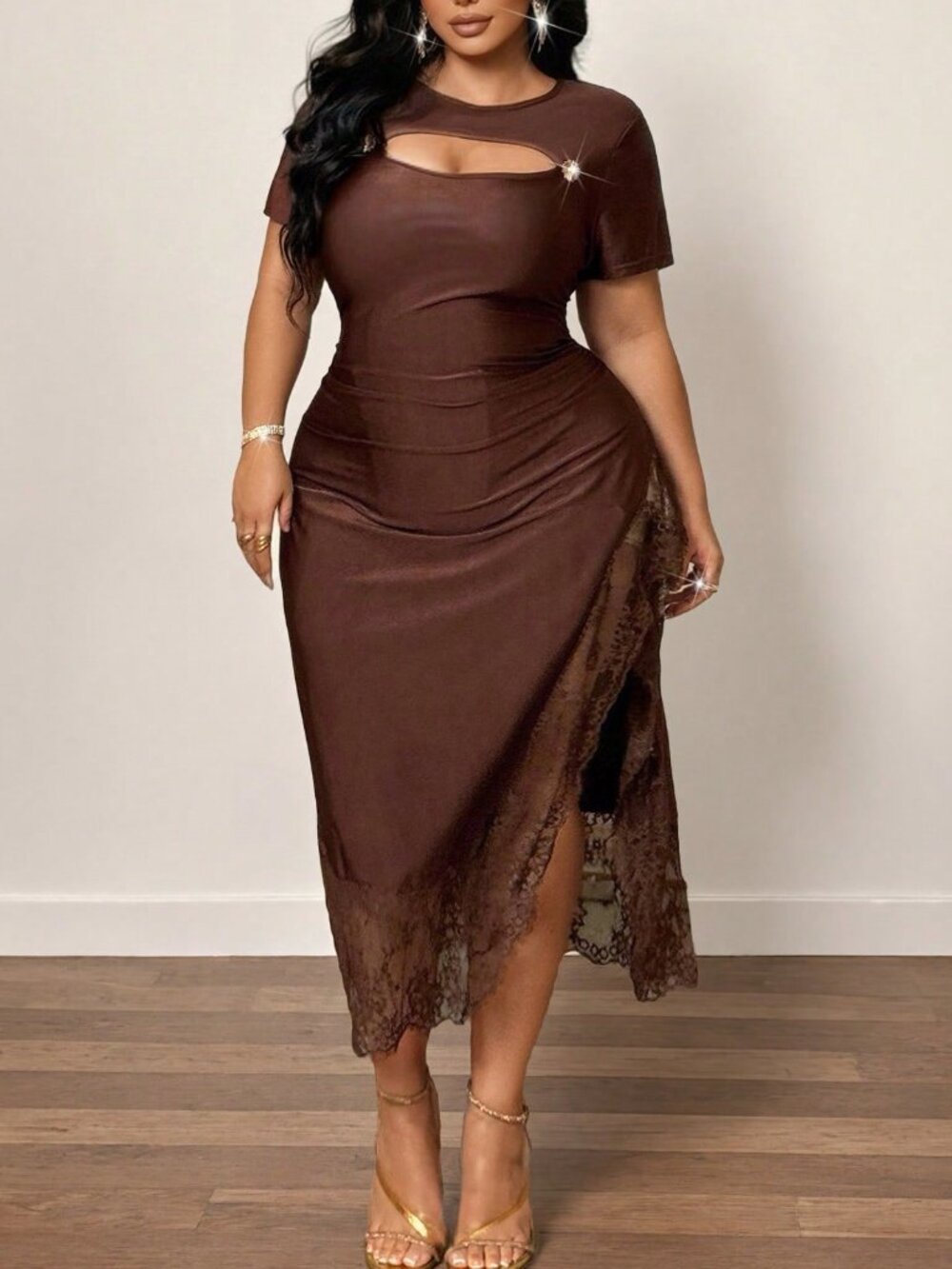 Brown Elegant Women's Round Neck Fitted Short Sleeve Dress - Picture 1 of 7